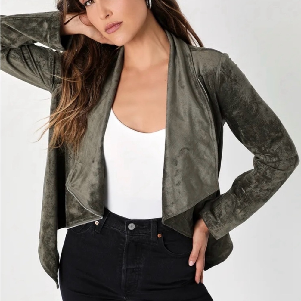 Lulus Wild at Heart Olive Vegan Suede Moto Waterfall Jacket.